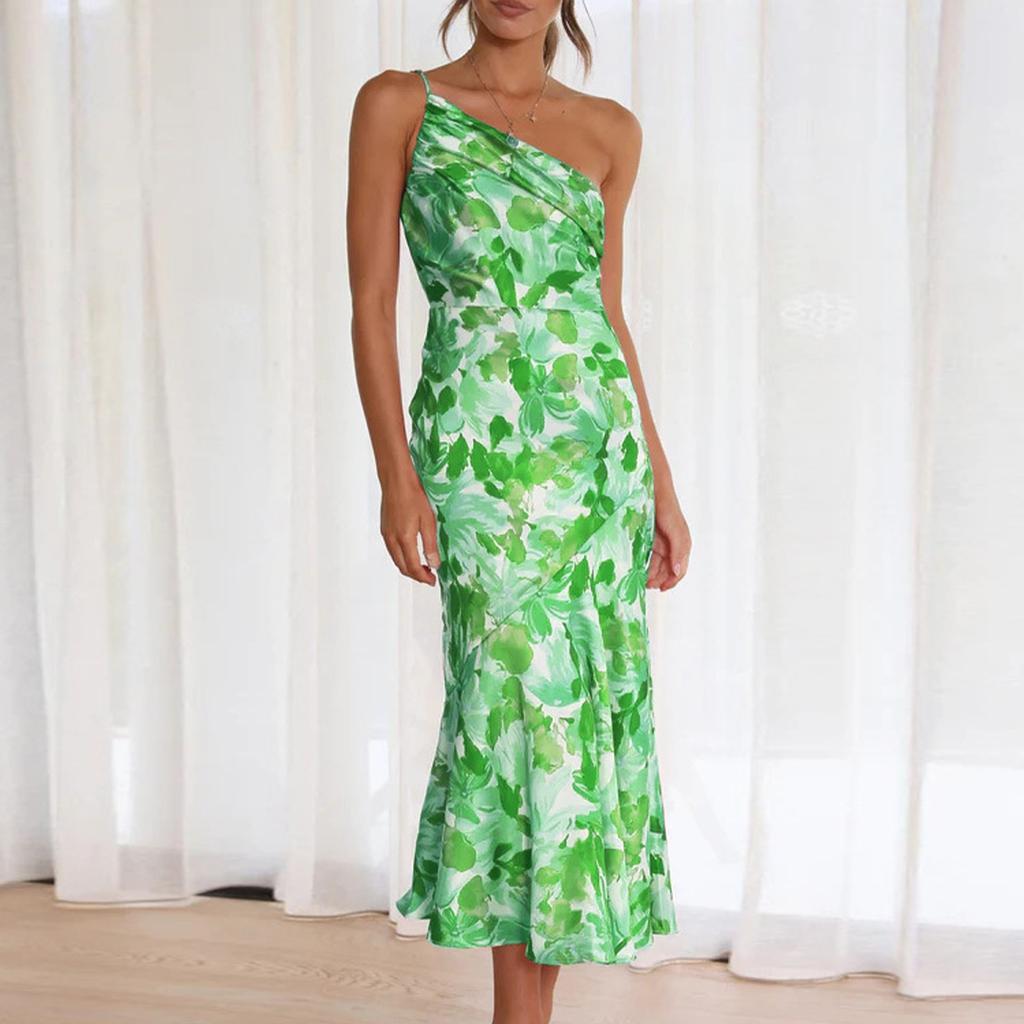 Stylish Slant Neck Strap Fishtail Print Dress