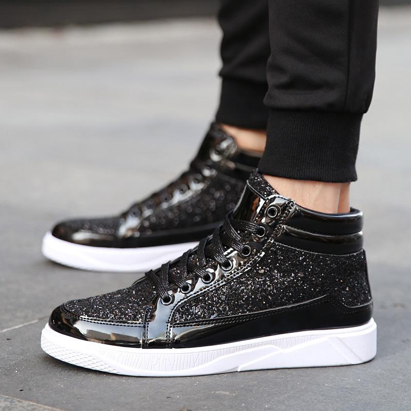 Mode Paljetter Läder Guld Platå Sneakers Tjock Sula Lyx Herr Höga Skor Höstmode Casual Sportskor Stor Storlek 46