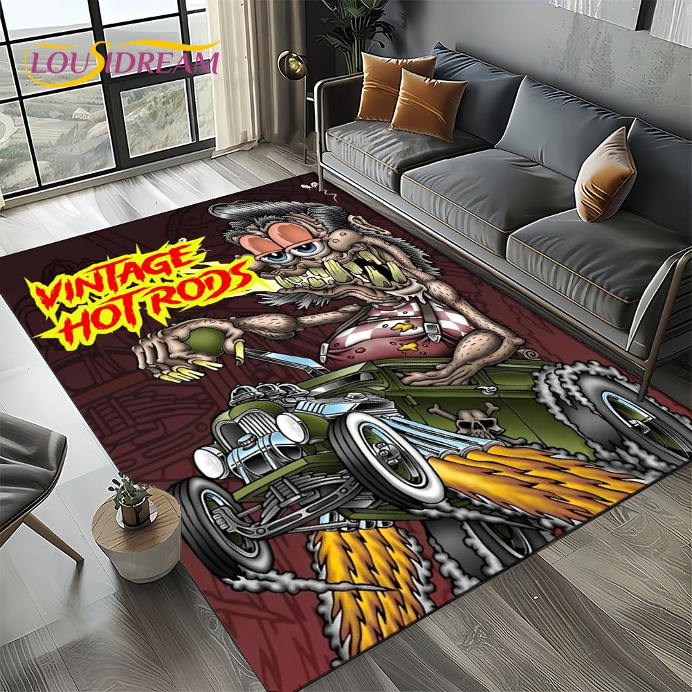 RF Funny Rat Fink Cartoon Motorcycle Sign Carpet Rug for Living Room Bedroom Home Sofa Decoration,Area Rug Non-slip Floor Mat