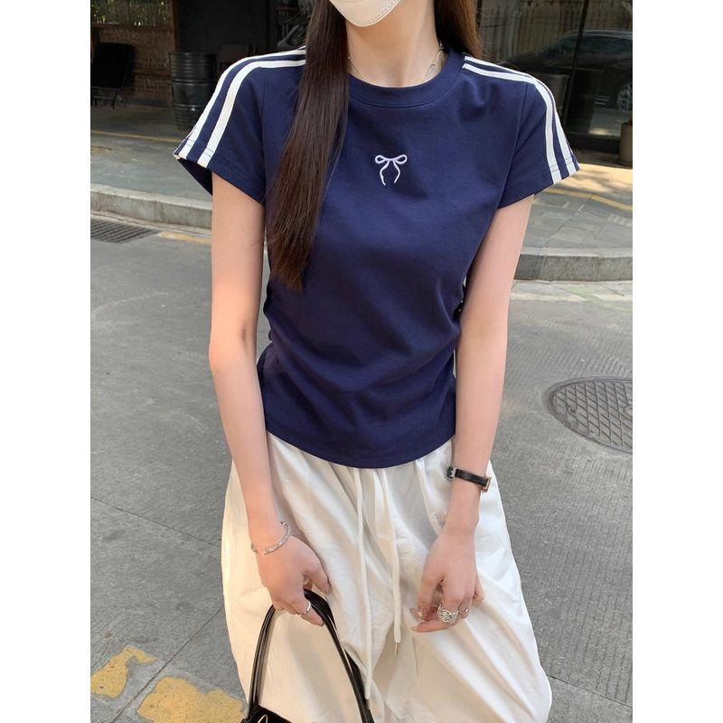 Kumikumi Design Sense Bow Embroidered Shoulder Short sleeve T-shirt Women clothes Summer Slimming Versatile Chic Top