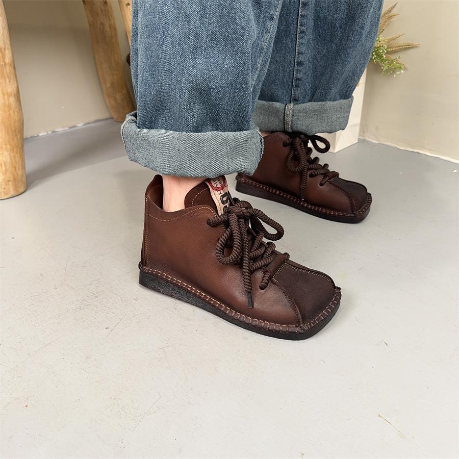 Johnature Genuine Leather Square Toe Retro Short Boots Lace Up Flat Bottom Women's Shoes