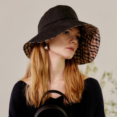 Women S Navy Check contraSt Linen Floppy Hat Dbhe3e122bk