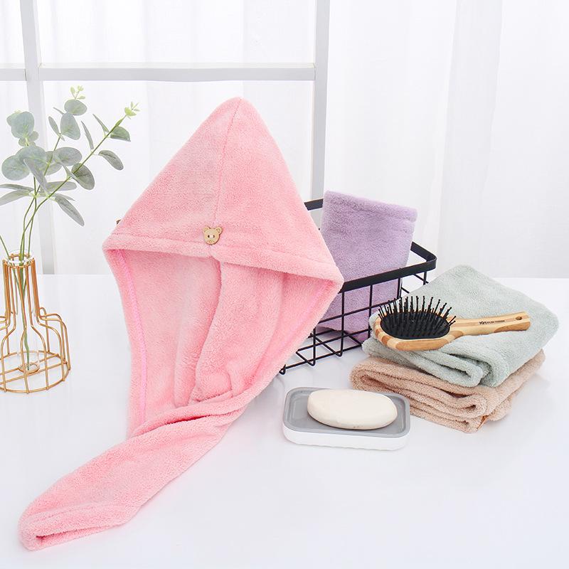 Women Fast Drying Hair Towel Coral Velvet Hair Towel Women Wrap Head Absorption Ater Bath Hat with Button  Bathroom Supplies