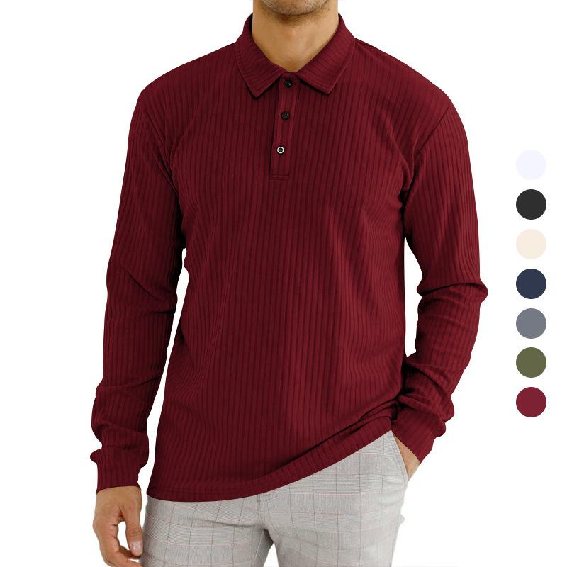 European and American Style Men's Spring Autumn Long Sleeve T-shirt Solid Buttoned Turn Down Collar Polo Shirt