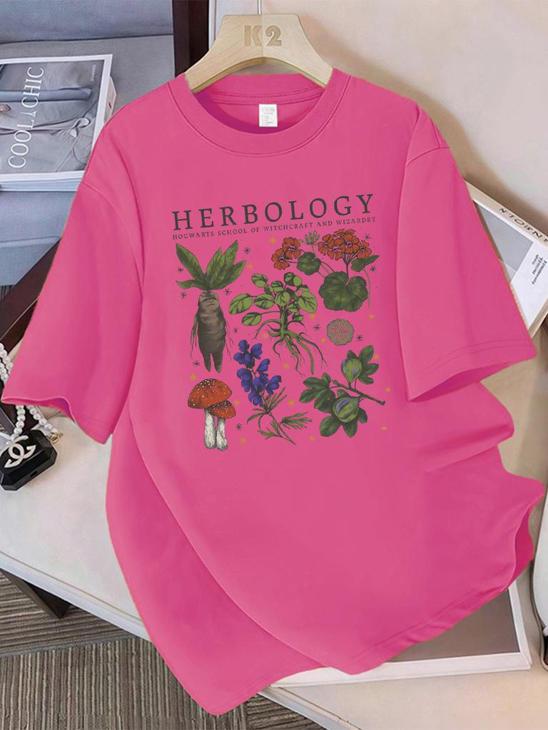 Summer T-Shirts Women Cotton Herbology Plant Composition Printed Tops O-Neck Comfortable Loose Short Sleeve Casual Woman Clothes