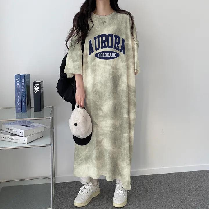 

Korean Retro Tie-Dye Letter Print Slimming T-Shirt Dress M хакі