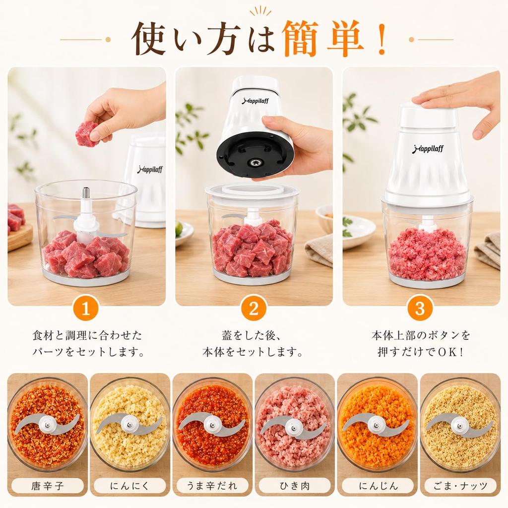 Happilaff 350W High-Power Food Processor, 5-in-1 Function: Chopper, Stainless Steel 4-Blade, 600ml Glass Bowl, Mixer/Chopper, Washable, Overheat Prote