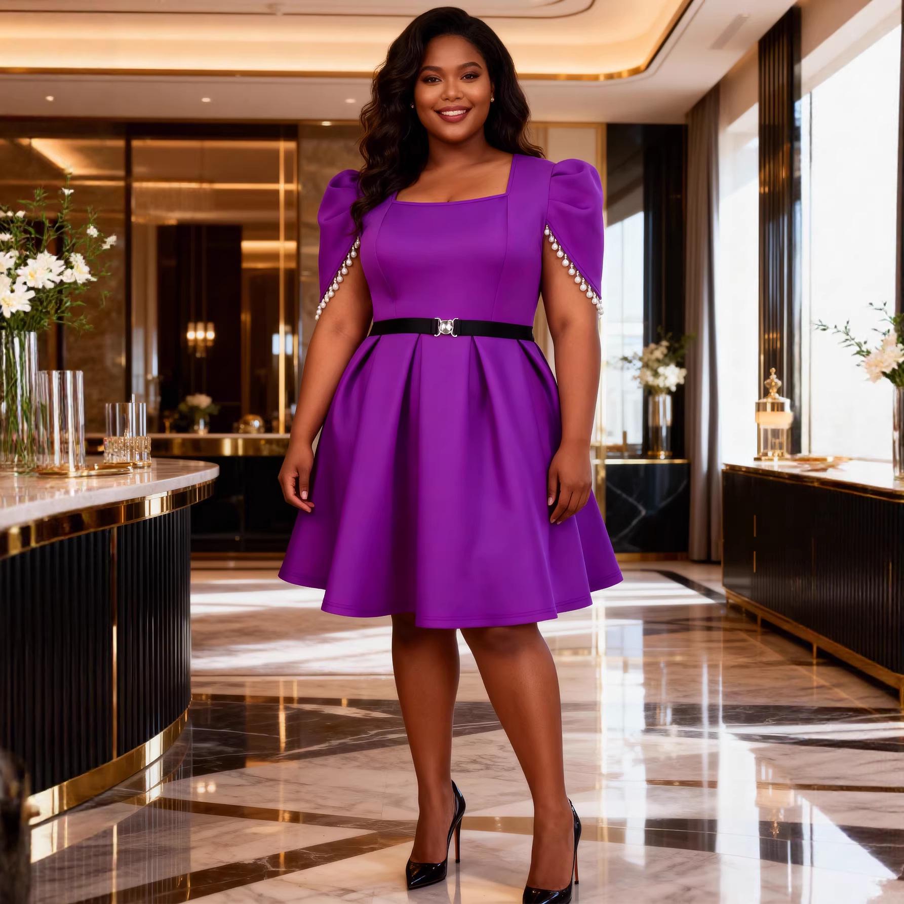 Plus Size Women s Pearl Puff Sleeve Square Neck Dress – Elegant, Waist-Cinching, Large Hem, Banquet Party Short Dress 0XL