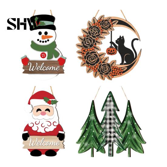 Rustic Christmas Home Accents 2D Wooden Welcome Hanging Sign, Cartoon Santa Snowman Tree Winter Seasonal Ornament Door Hanger with Rope, Xmas