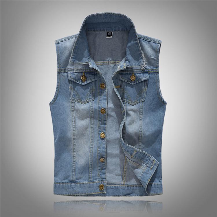 Korean Style Slim Fit Men s Light Blue Ripped Denim Vest with Shoulder Cape 4XL
