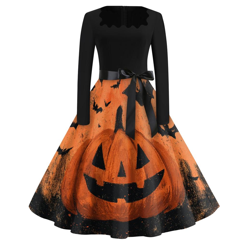 Women's Vintage Square Neck Casual Dress with Halloween Print for Fall Occasions