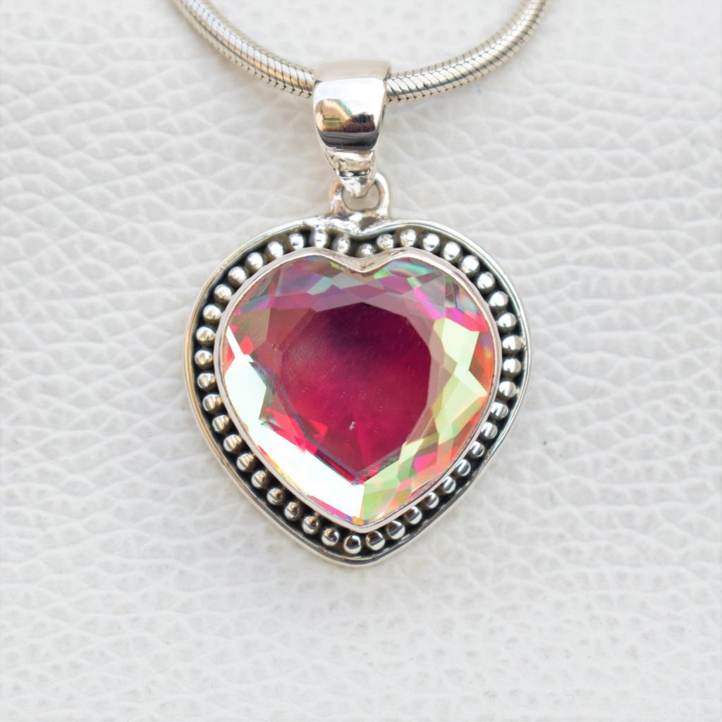 Angel Aura Quartz Pendant, Handmade 925 Sterling Silver Heart Shape Aura Quartz Pendant, Gift for her, Anniversary Pendant