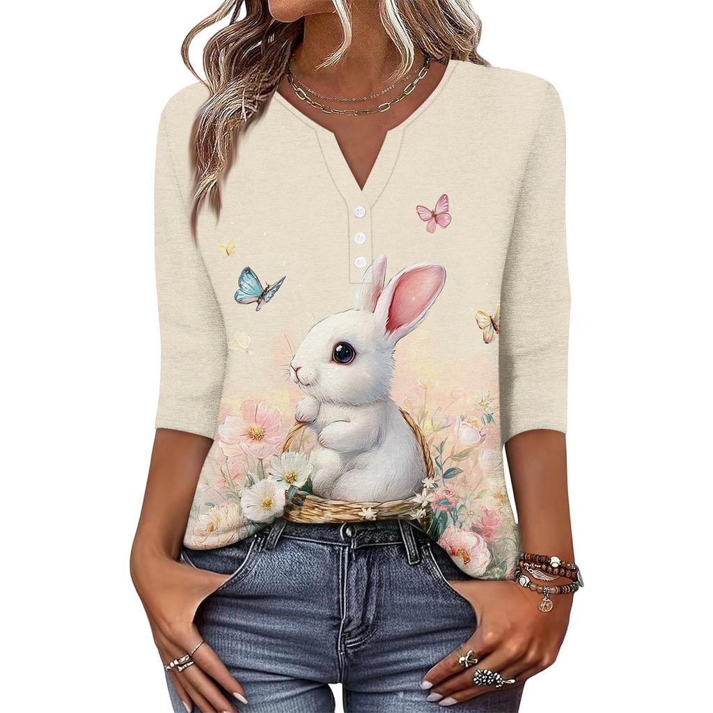 Top T-shirt de Damă la Modă și Casual cu Imprimeu Iepuraș de Paște și Ouă, Decolteu în V, Nasturi, Mânecă Trei Sferturi