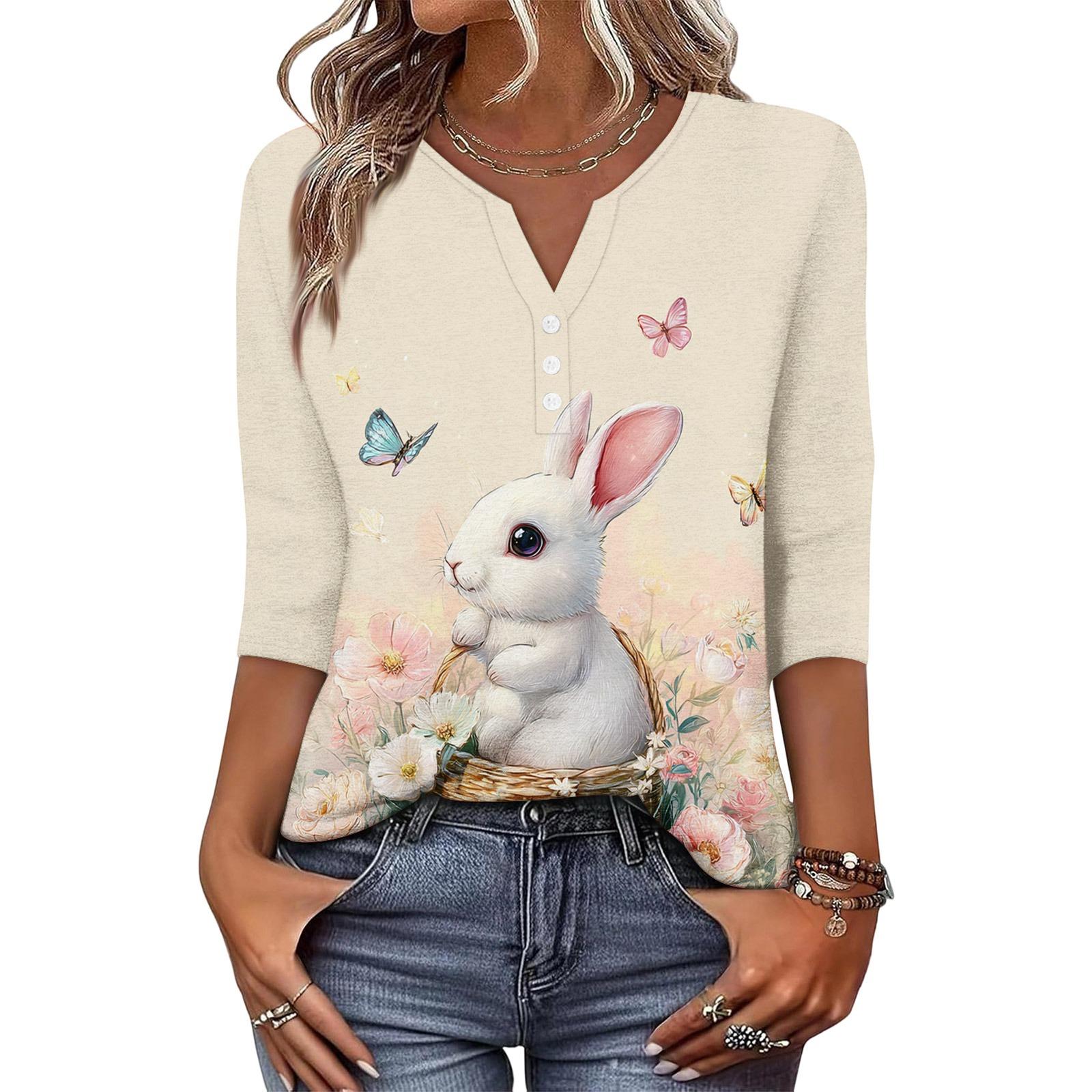 

Женская модная и повседневная футболка с принтом пасхального кролика и яиц, с V-образным вырезом, на пуговицах, с рукавом три четверти XXXL золотой