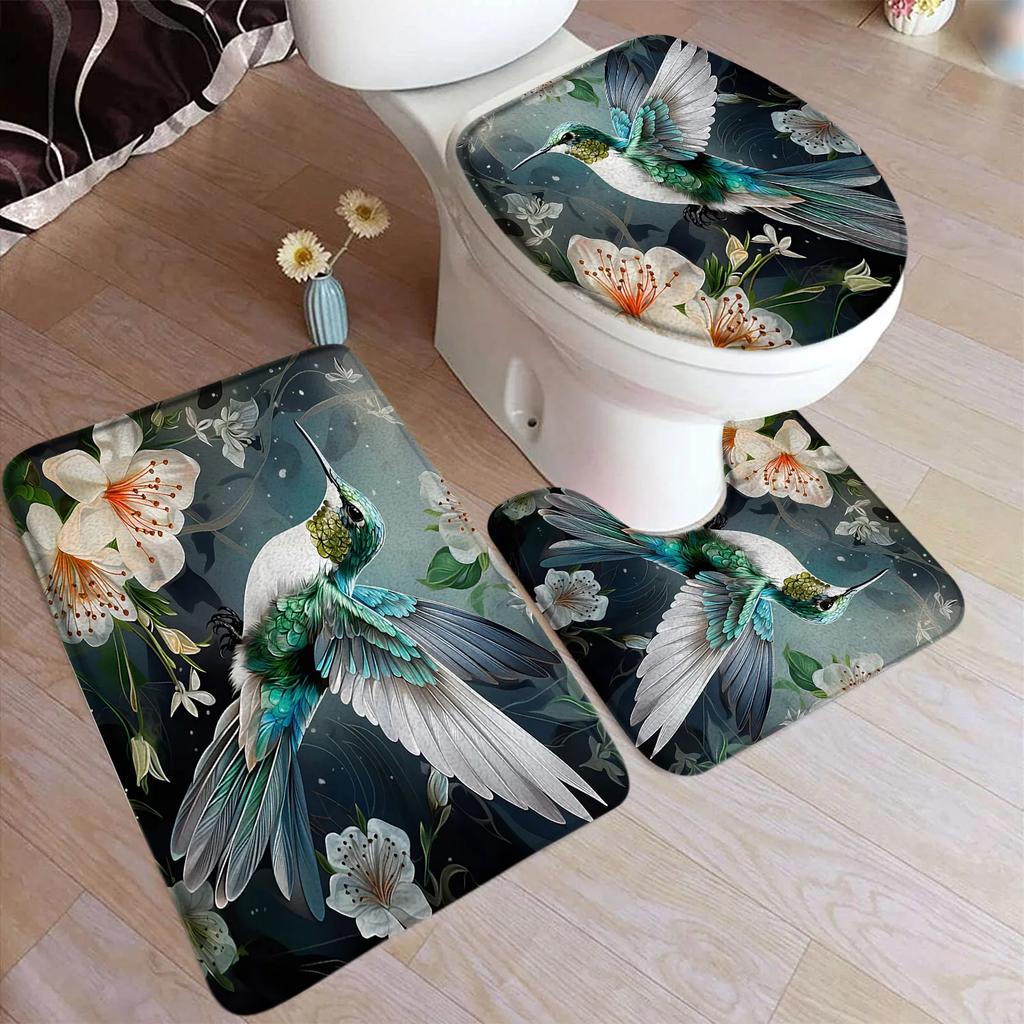 Hummingbird Bath Mat Set White Flowers Green Plants Birds Rustic Home Carpet Bathroom Decor Floor Rugs U-Mats Toilet Lid Cover