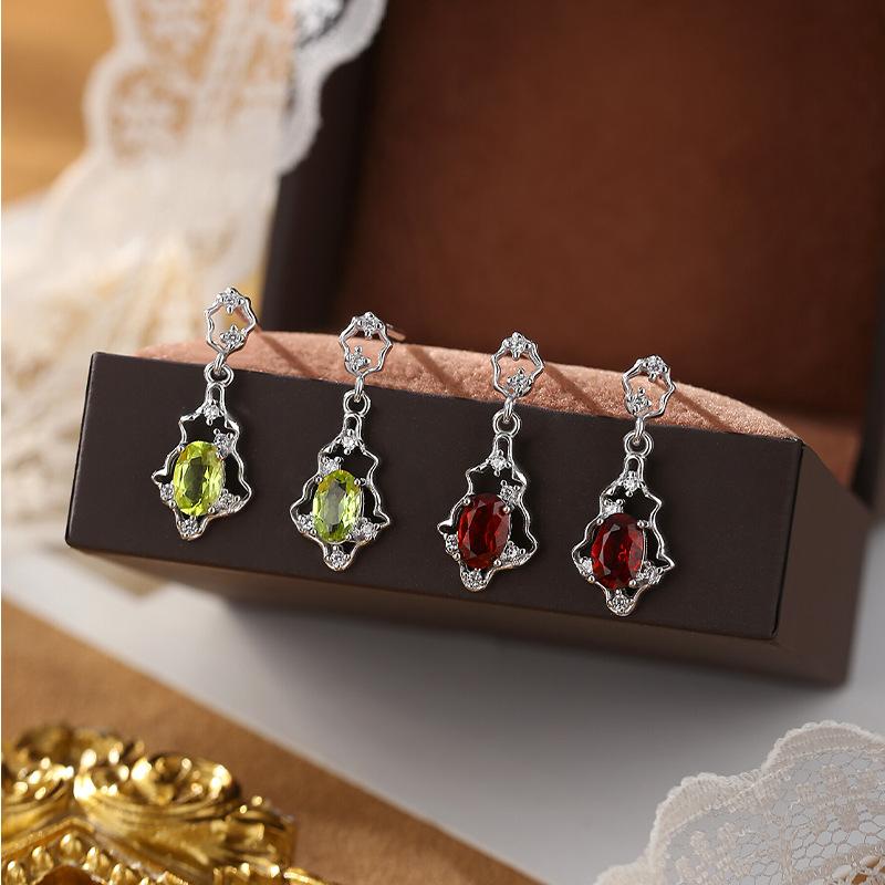 Natural Garnet Olivine S925 Sterling Silver Stud Earrings Women's New Chinese Hollow Colored Treasure Earrings Holiday Gift