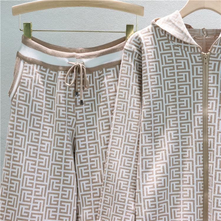 European & American Women's Hooded Jacket & Wide-Leg Pants Knit Two-Piece Set for Spring & Autumn