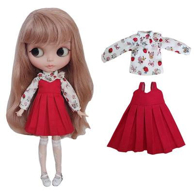 Rakulifey Blythe Long Sleeve Red Suspender Neo Blythe Outfit Compatible with Obitsu 24 Set Outfit Shirt, Skirt, Set, Dolls, 2-Piece