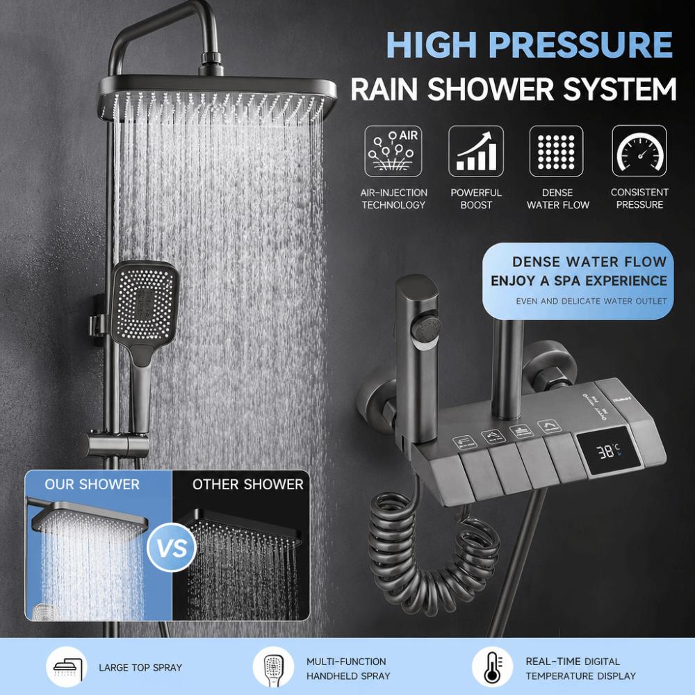 Système de Douche Gris Ensemble de Douche Pluie Haute Pression Ensemble de Robinet de Douche Numérique Économie d'Eau