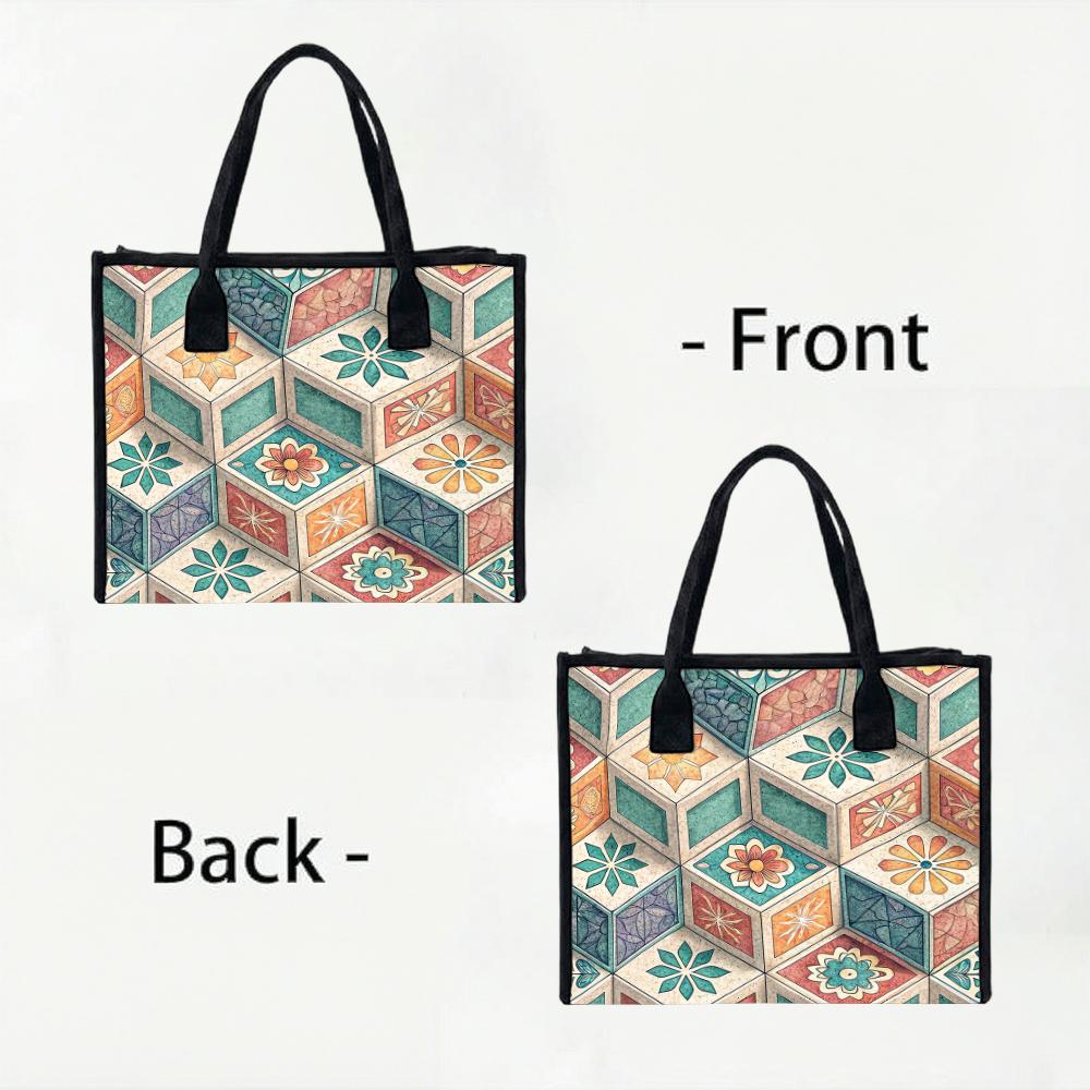 Vintage Pattern Tote Bag Geometric Floral Design Large Capacity Casual Shopping Bag for Daily Use