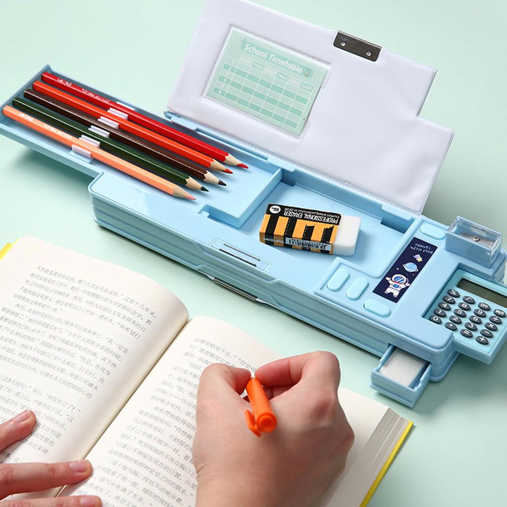 Multifunktionales Mäppchen mit Taschenrechner und Anspitzer, Cartoon-Stiftbox, Mäppchen mit großer Kapazität für Schülerkinder