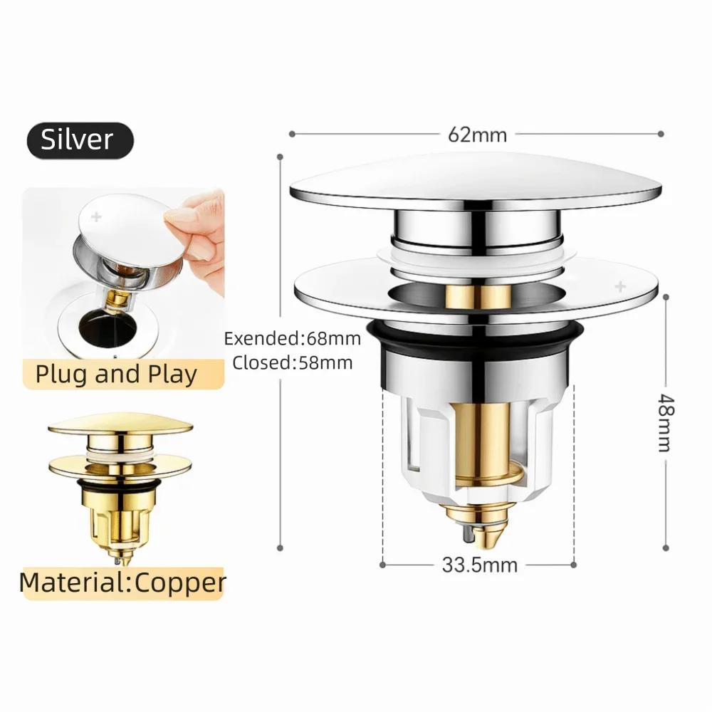Universal Copper Sink Stopper Pop Up with Hair Catcher Drain Filter Anti-clogging No Overflow Basin Plug Improve Odor