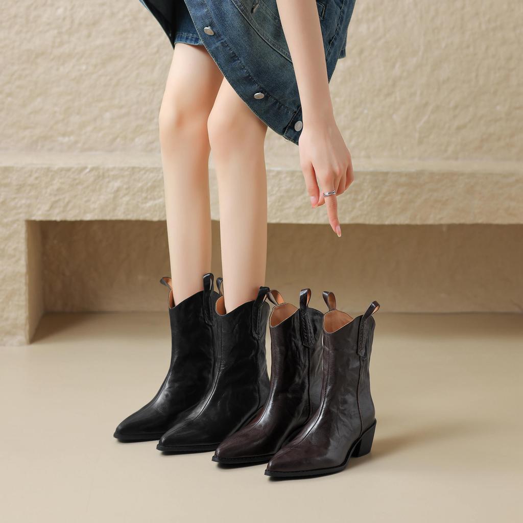 Krazing Pot Sheep Skin Autumn Winter Shoes Thick High Heels Size 43 Western Boots Slip on Ankle Boots