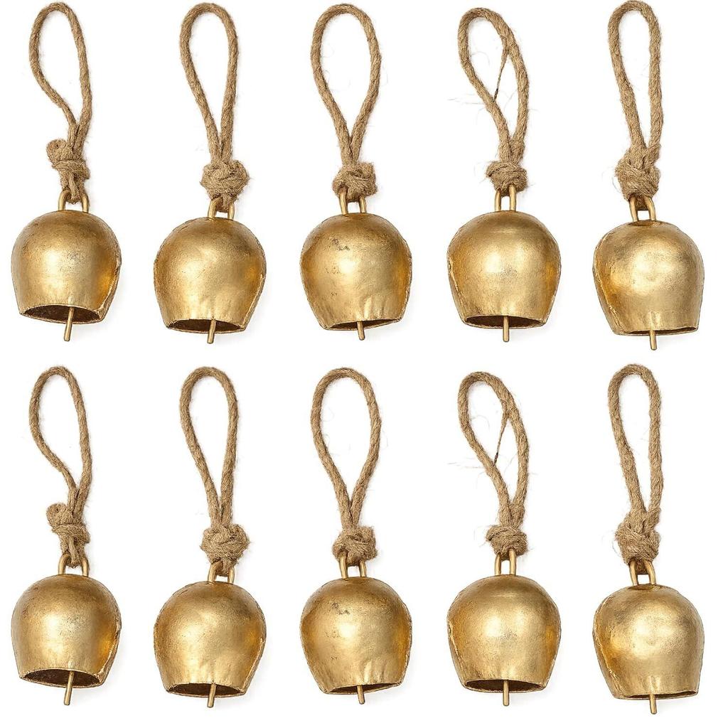 Rustic Brass Finish Hanging Bells Pack of 10 | Vintage Mini Bells with Rope for Home Decor,