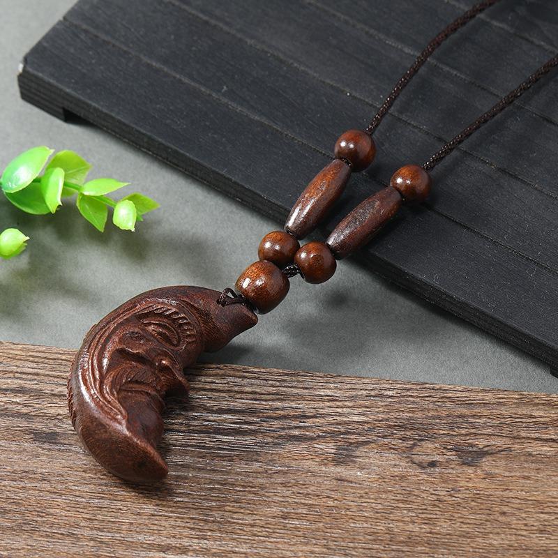 Hand-carved Mahogany Necklace Retro Femininity Long Autumn and Winter Sweater Chain Cotton and Linen Accessories