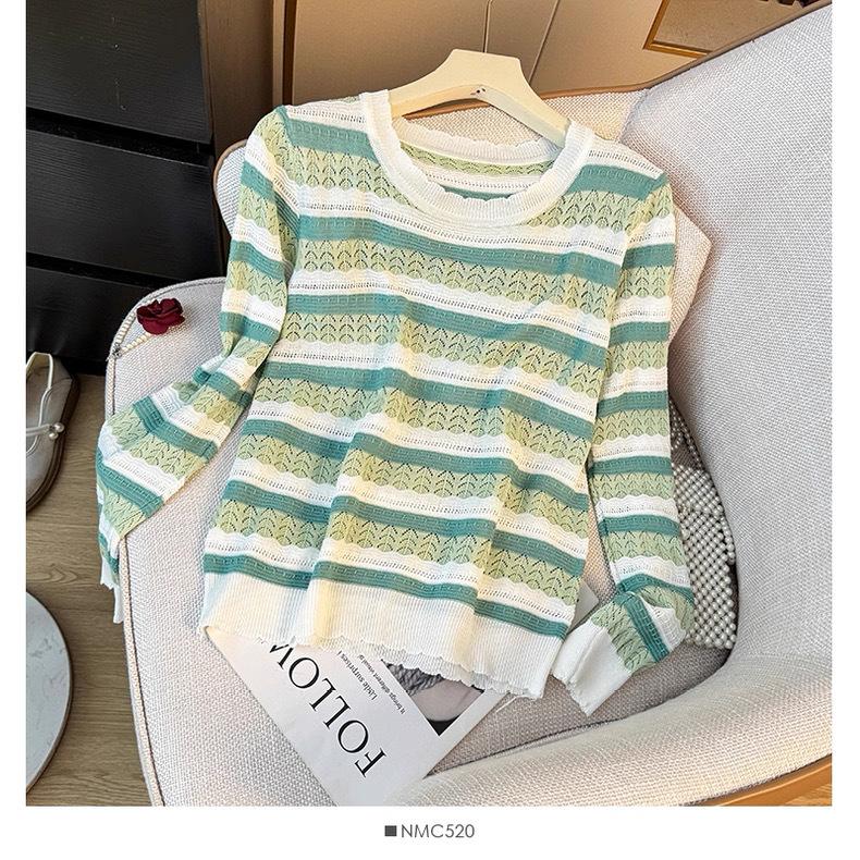 

Сладкий цветной блок полоса кружево длинный рукав круглый вырез вязаный топ женский осень зима молодежный свободный базовый слой рубашка One Size зелёный