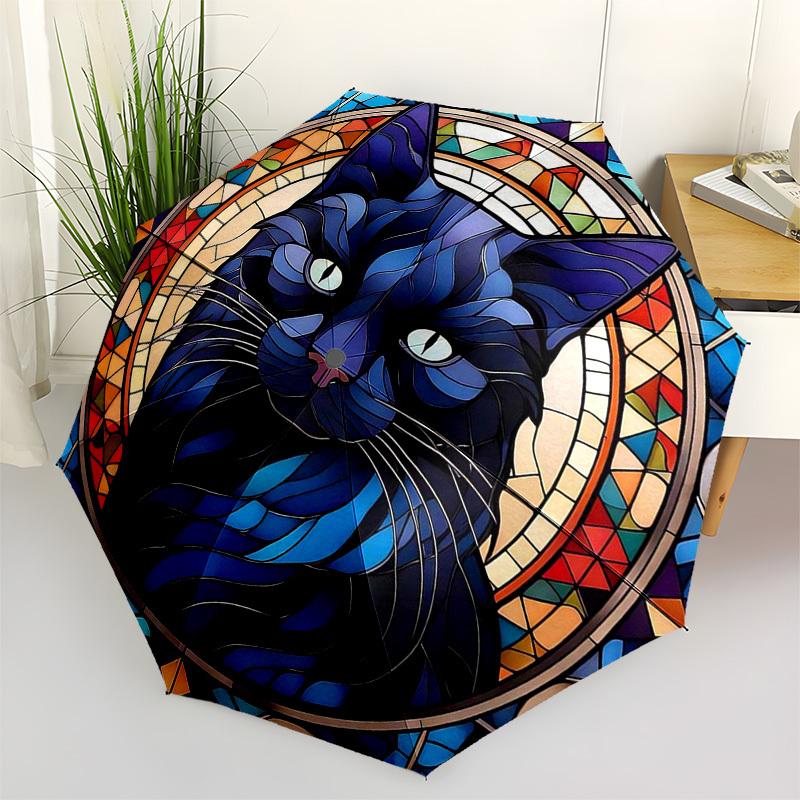 1pc Stained Glass Cat Design Automatic Folding Umbrella - Portable 3-Fold Design, 8-Bone Iron Frame Outdoor Umbrella, Perfect Gift for Fans, Travelers