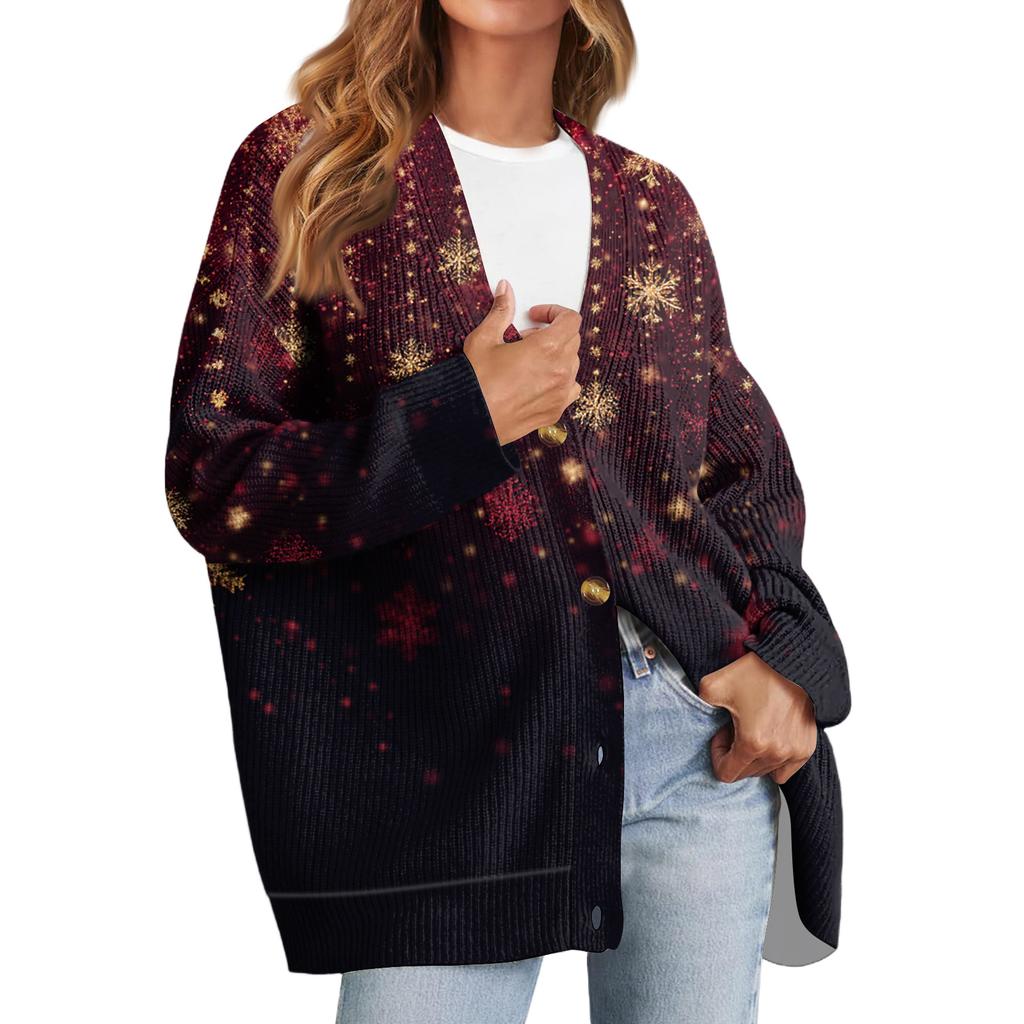 Women's Fashion Long Sleeve Print V-Neck Button Loose Cardigan Top