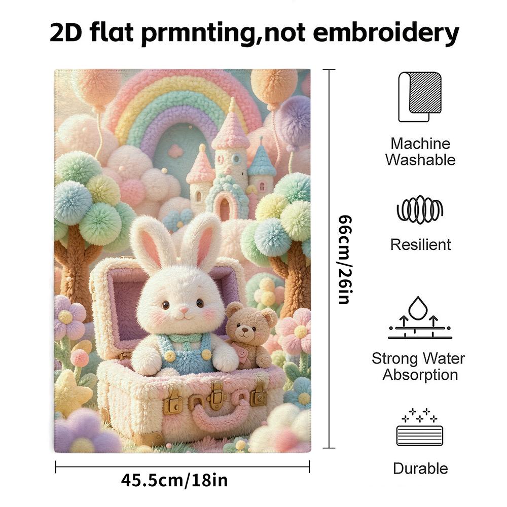 Cute Plush Bunny Castle Print Towel, Soft Absorbent Kids Bath Hand Towel, Pastel Fantasy Rabbit Pattern Towel
