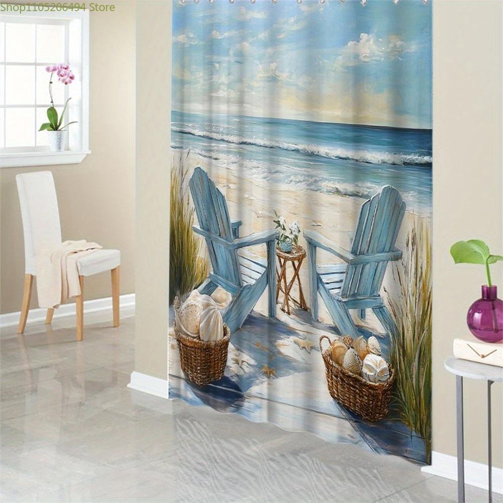 1pc Coastal Adirondack Shower Curtain with Beach Scene - Sky Blue Chairs, White Flowers, Seashell Baskets & Ocean View - Soft