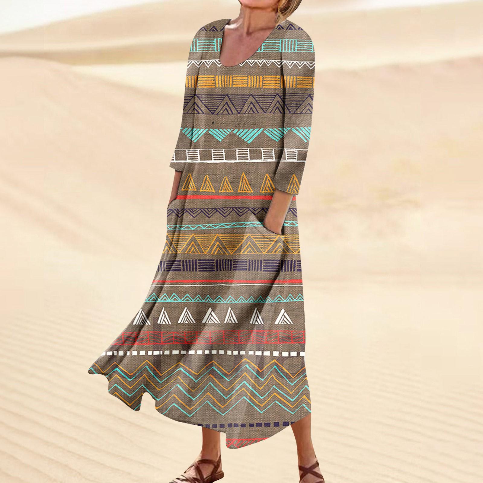 

Платье для женщин, весеннее повседневное модное платье в стиле бохо с рукавами 3/4 для праздника, большого размера XXXL коричневый