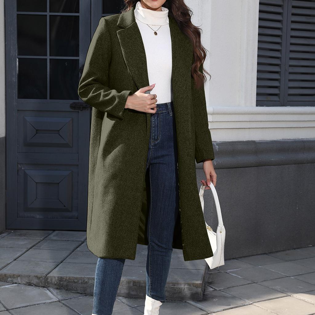 Women's Casual Long-Sleeved V-Neck Single-Button Solid Colour Wool Coat