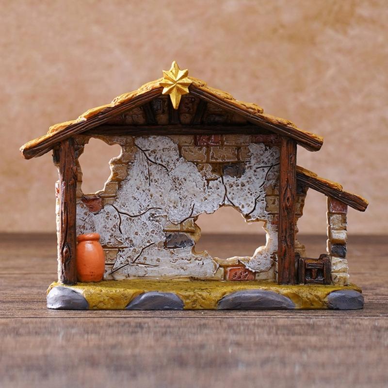 Resin  Scene Stable Creche Christmas Manger Shed Statue Decoration Ornament For Home Church Desktop Display