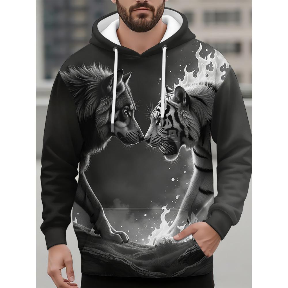Funny 3D Animal Print Hoodie For Men Fashion Tiger Wolf Pattern Oversized Sweatshirts Autumn and Winter Casual Clothing Pullover
