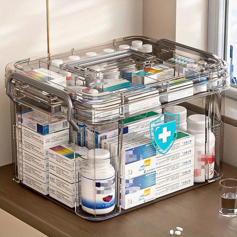 Clear Medicine Organizer Storage Box with Tray, Thickened Medicine Container Chest, Multipurpose Medical Case with Labels