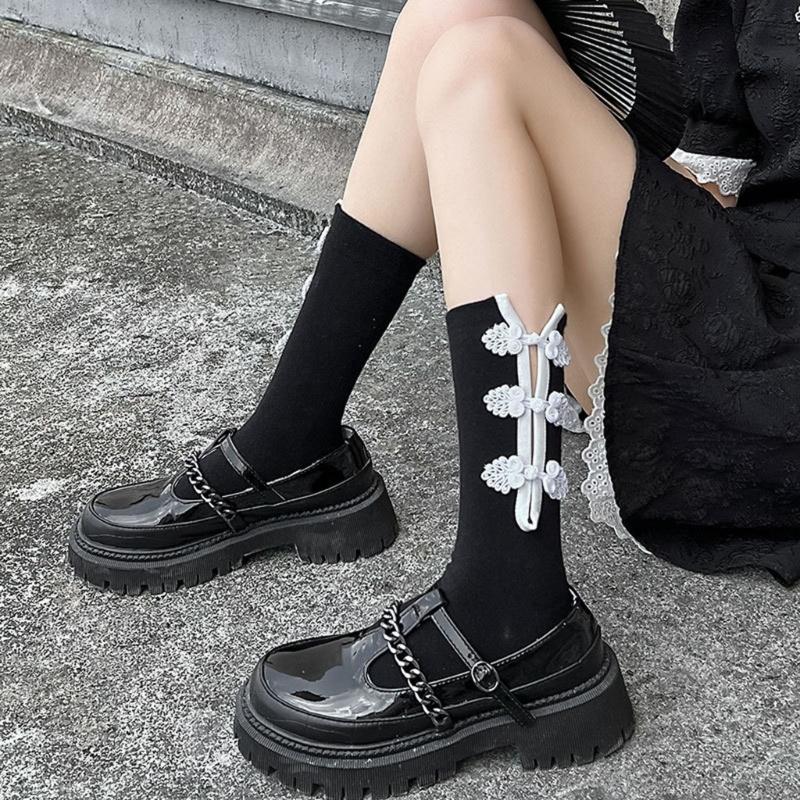 Womens Casual Crew Socks, Chinese Style Cheongsam Buckle Design Ladies Socks Solid Color Cotton Calf Socks