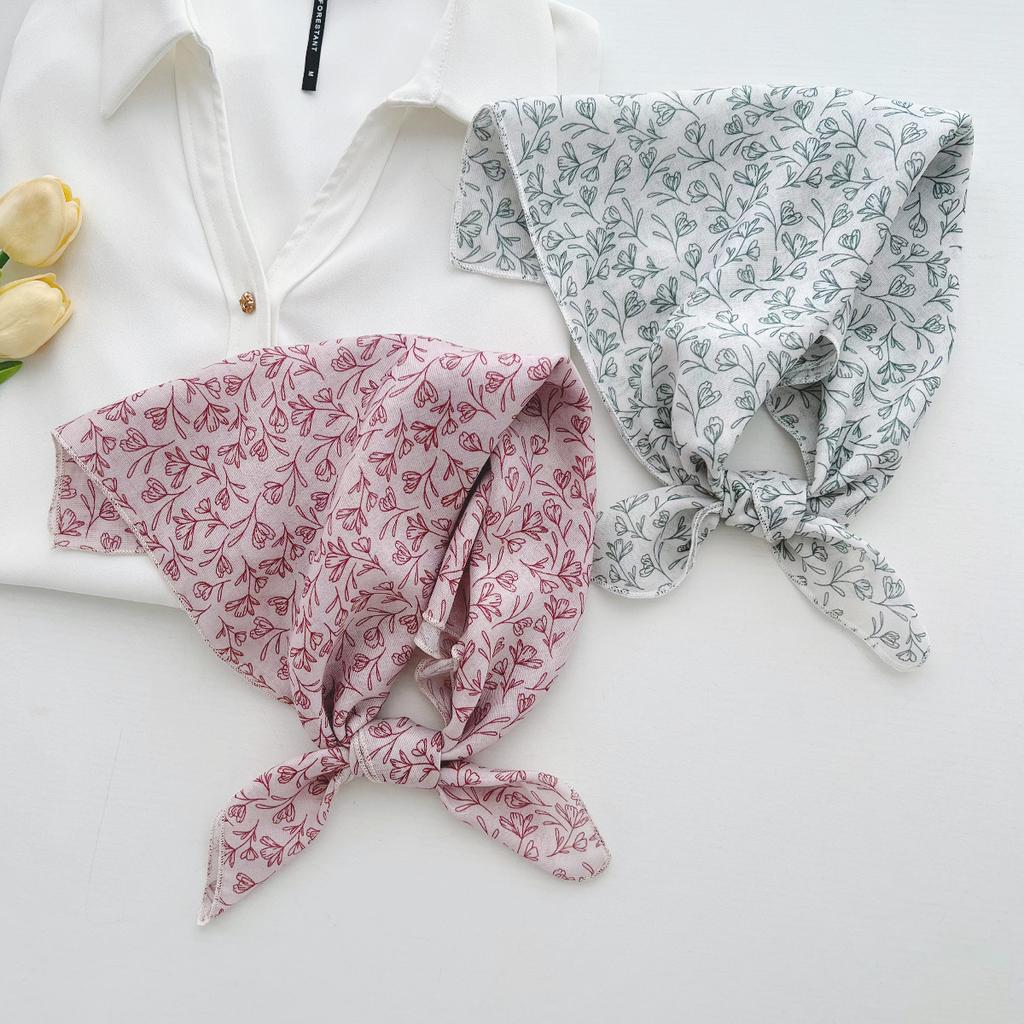 18 Flower Cotton and Linen Small Square Scarf Silk Scarf Women's Spring and Autumn Summer Korean Small Fresh Korean Version Literary Scarf Headband