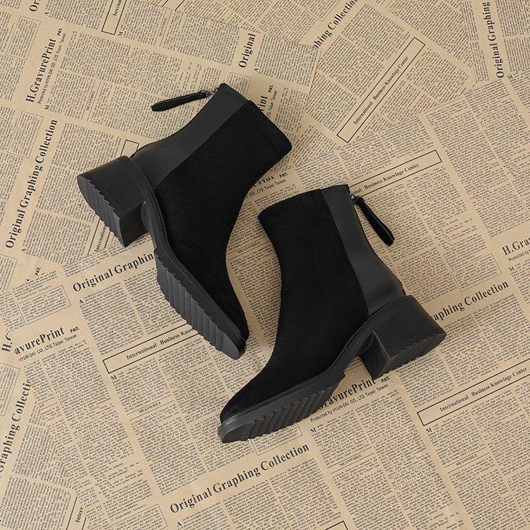 2025 Martin Boots Women's New Thin Foreign Boots Thick-soled Martin Winter Velvet Autumn and Winter Square Head Short Boots Fashion