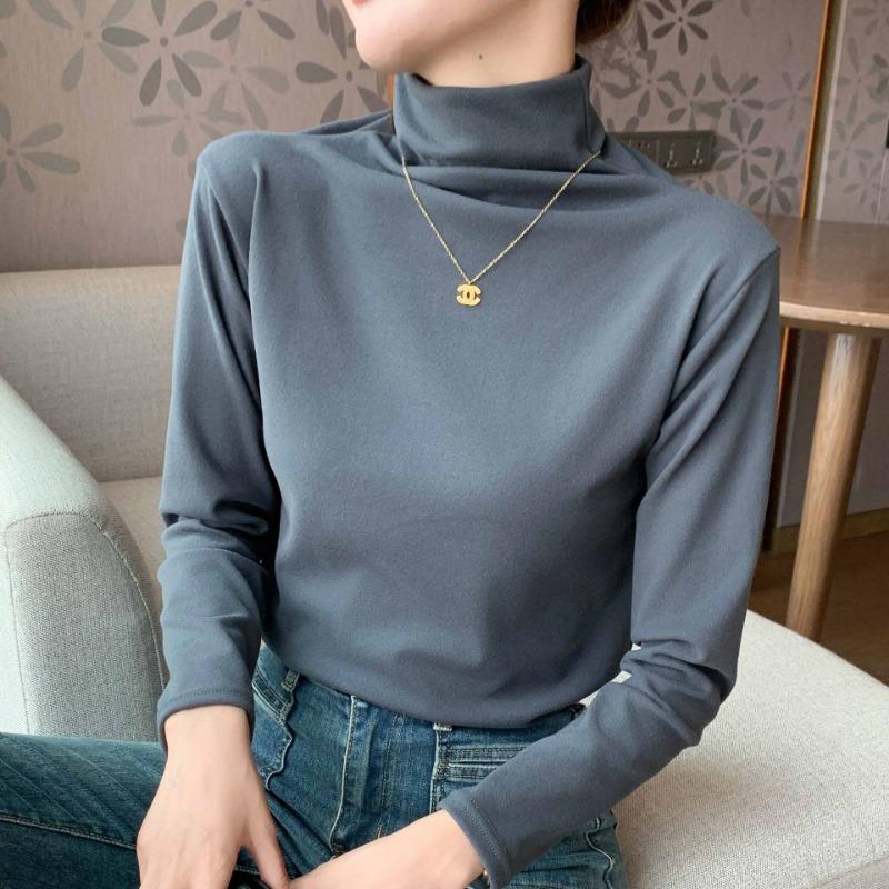 High-necked Micron Velvet Bottomed Shirt for Women's Autumn and Winter, Thickened Double-sided Abraded Stacked Collar Long-sleeved Top