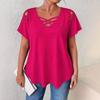 V-neck Short Sleeved Cross Strap T-shirt Large Size Summer Casual Fashion Hollow Out Blouse Solid Color Women Sweet Simple Office Shirts Clothing