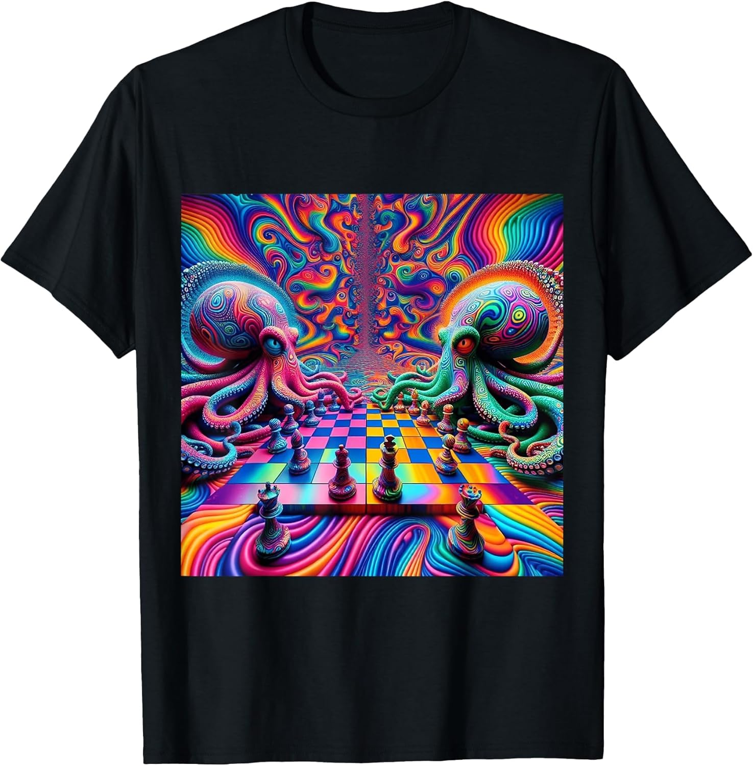 Trippy Octopus Alien Chess Battle EDM Music Rave Festival T-Shirt S