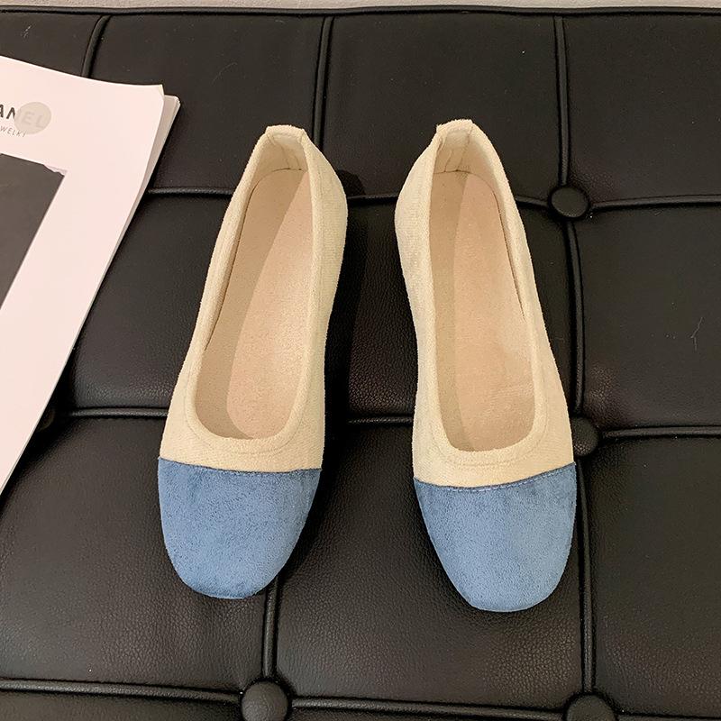Trendy Versatile Single Shoes 2024 Autumn New Collection: Shallow Mouth Soft Surface Flat Bottom Color Blocked Square Head Shoes