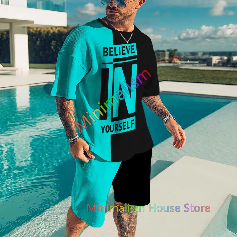 Summer Men's Tracksuit Believe in Yourself T-shirt+Shorts Set Sport Outfit Jogging Suit Outdoor Streetwear Oversized Clothes
