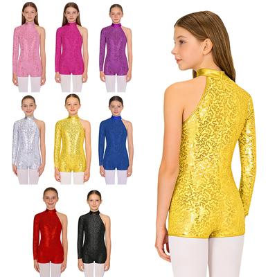 Kids Girls Single Long Sleeve Shorty Jumpsuit Shiny Sequins Skating Jazz Dance Leotards