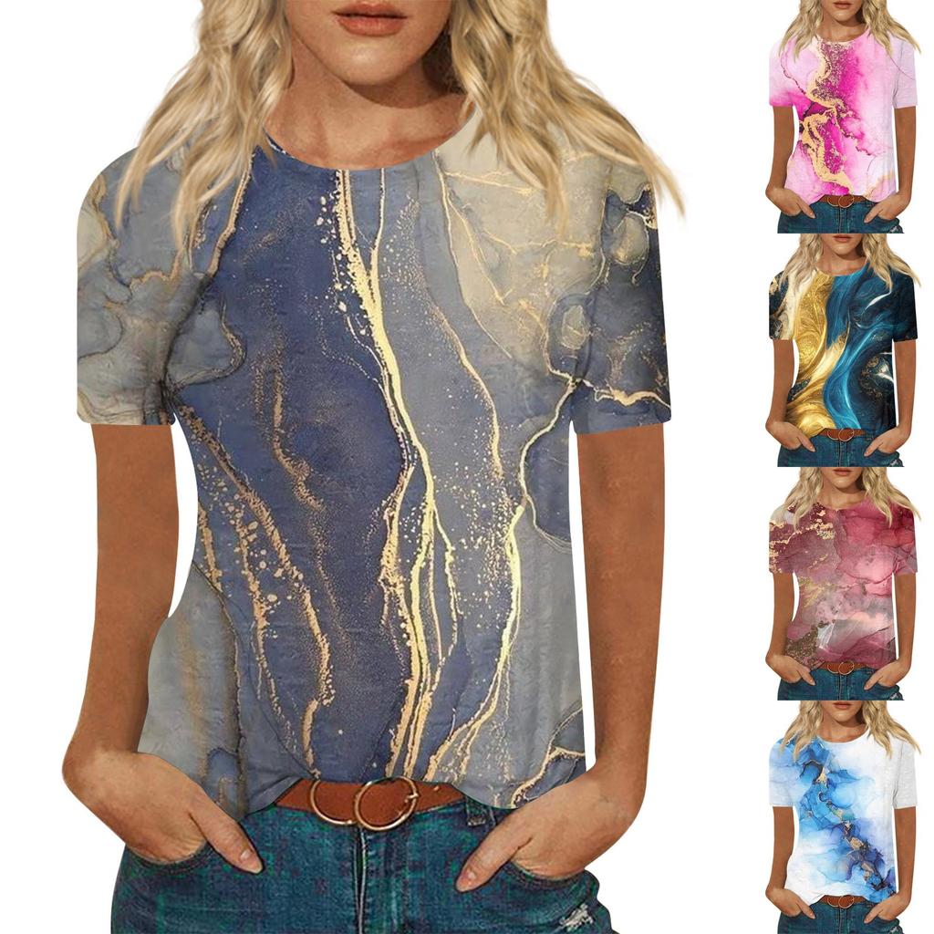 Women's Fashion Casual Printed Round Neck Short Sleeve Top Blouse