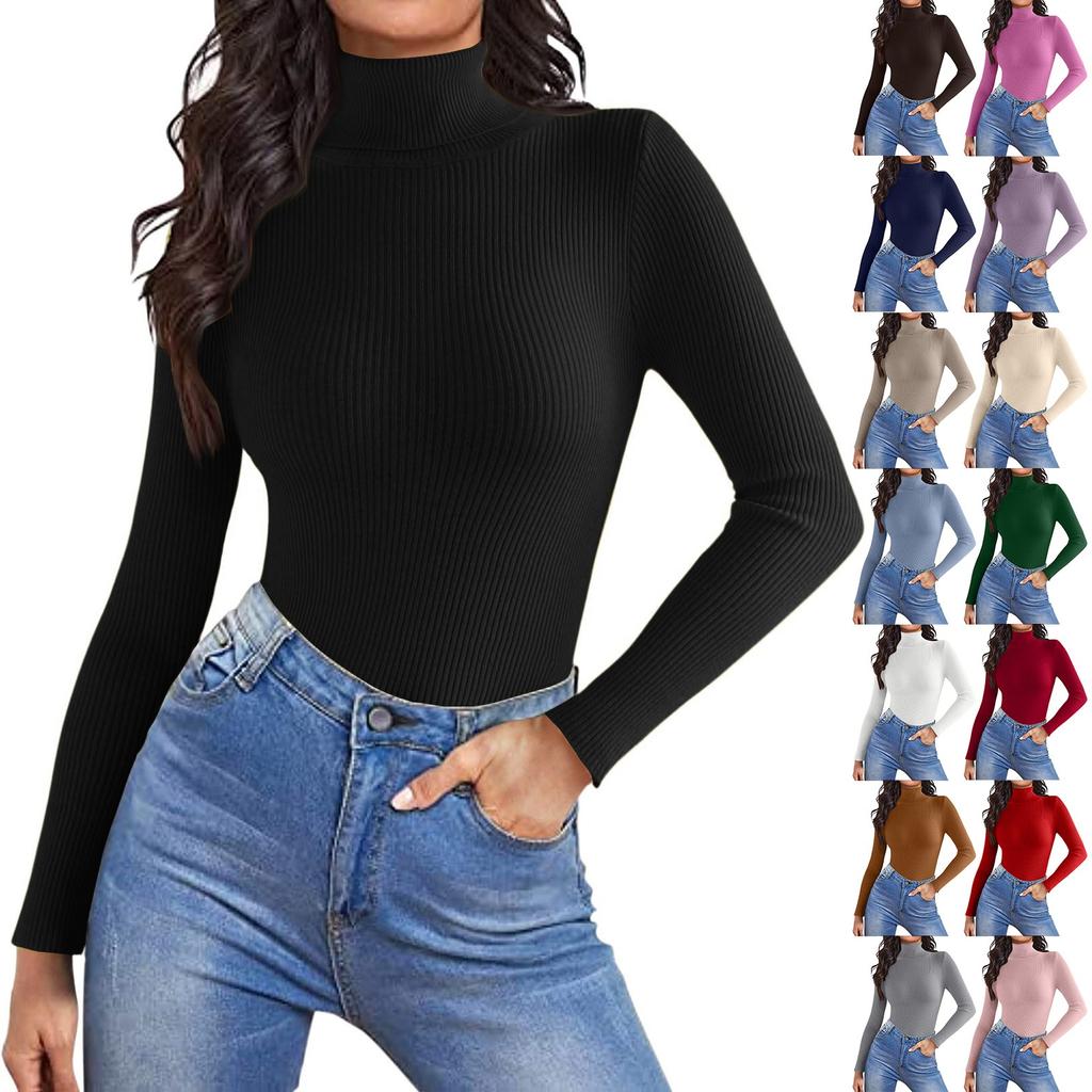Women's Fashion High Neck Slim T-Shirt Long Sleeve Pullover Solid Colour Top